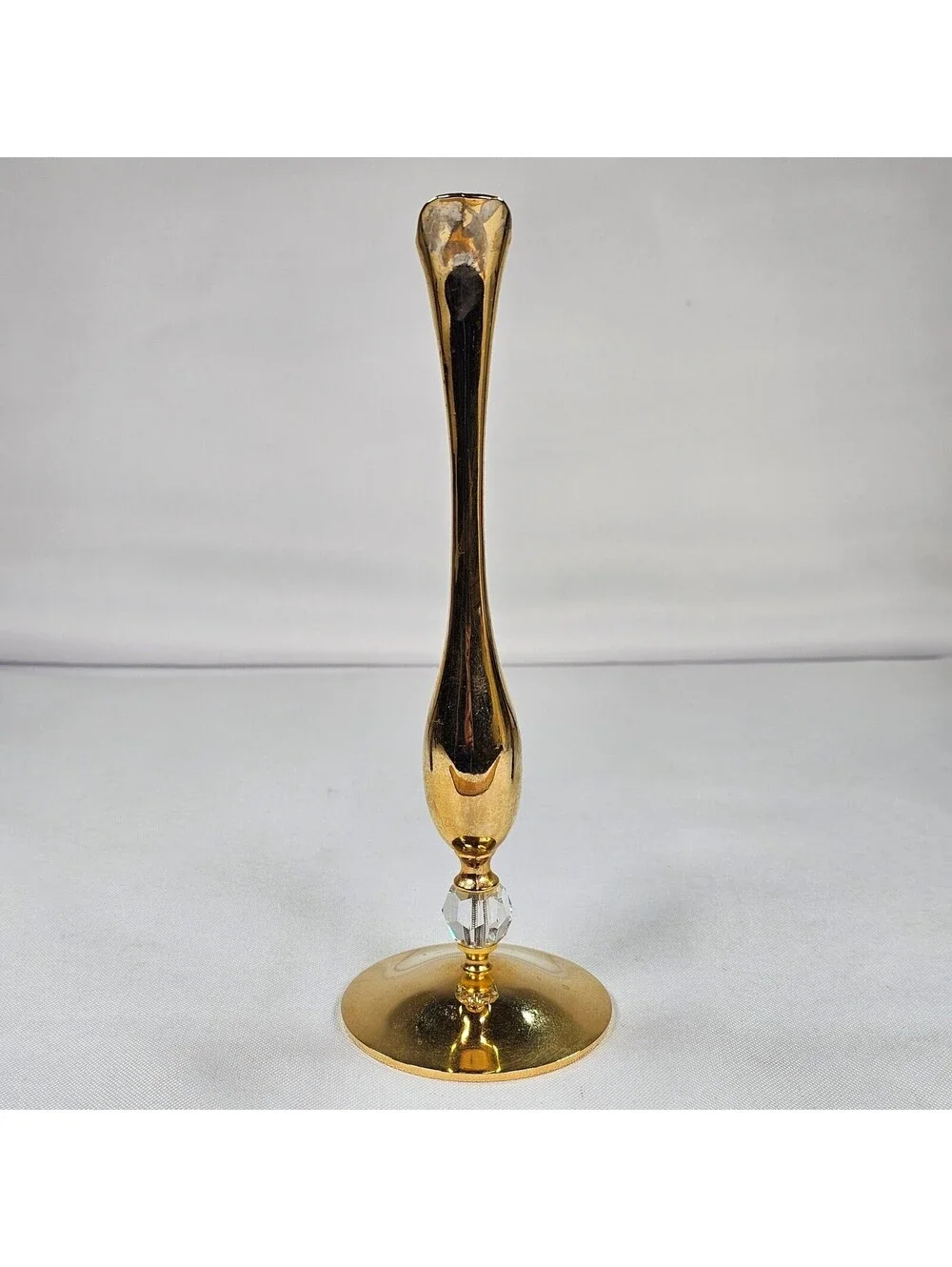 Vintage Brass Bud Vase Slender Mid Century Modern MCM Crystal Accent 6.75